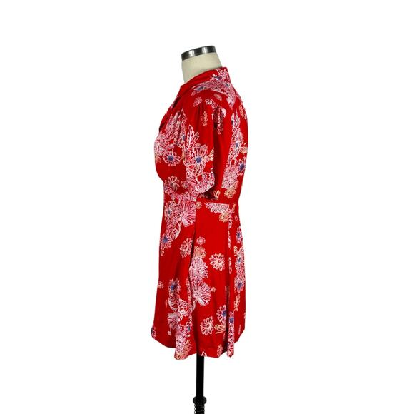 FREE PEOPLE Blue Hawaii Floral Mini Dress Cherry Red Flowers Women's Size XS - Picture 2 of 12